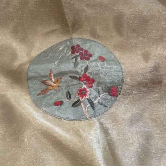 Japanese Style Gold Silk Pillow Covers Square Floral Bird Embroidered‎ 2 NEW - Picture 1 of 5